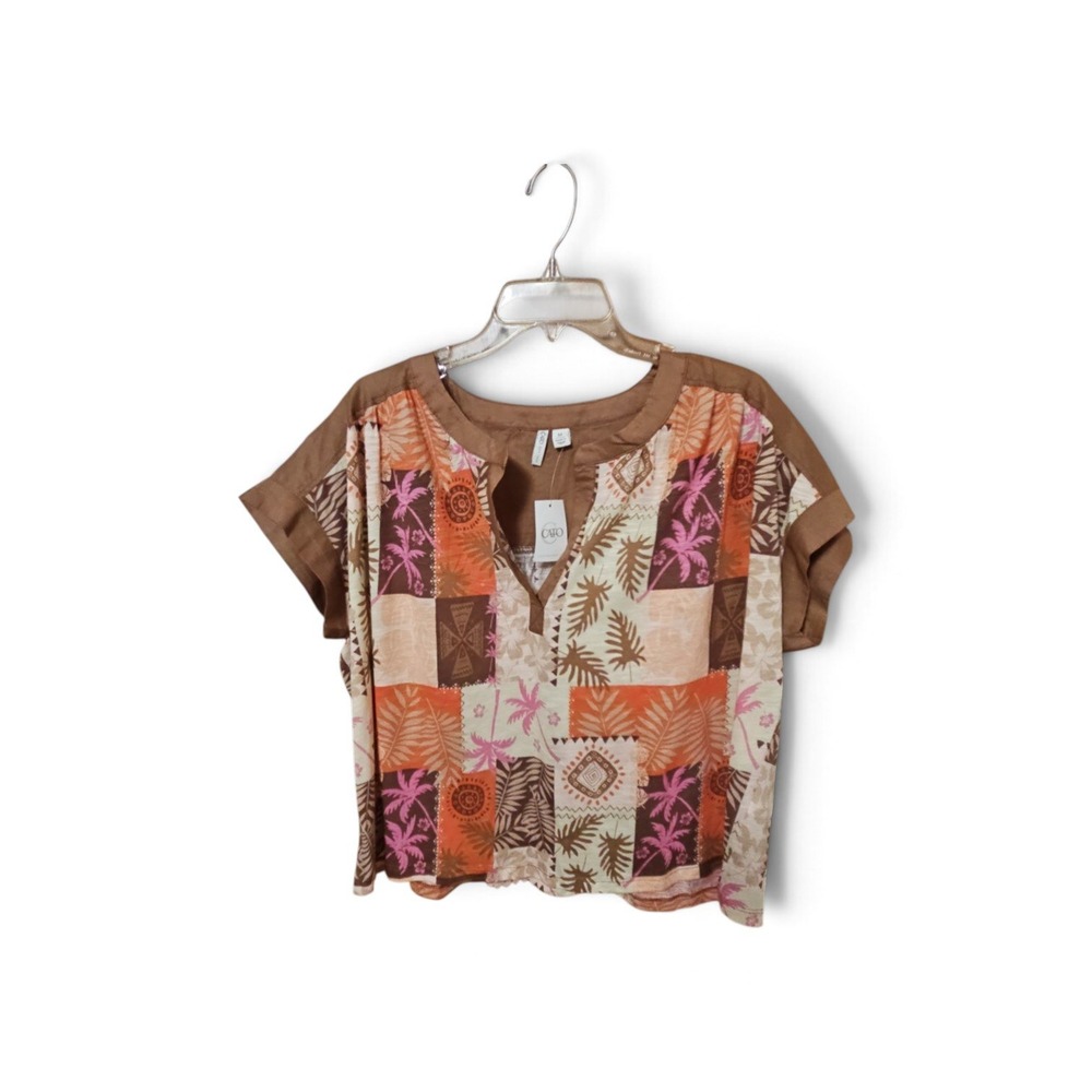 Cato Tropical Patchwork Print Split Neck Blouse Brown Palm Tree M 0447